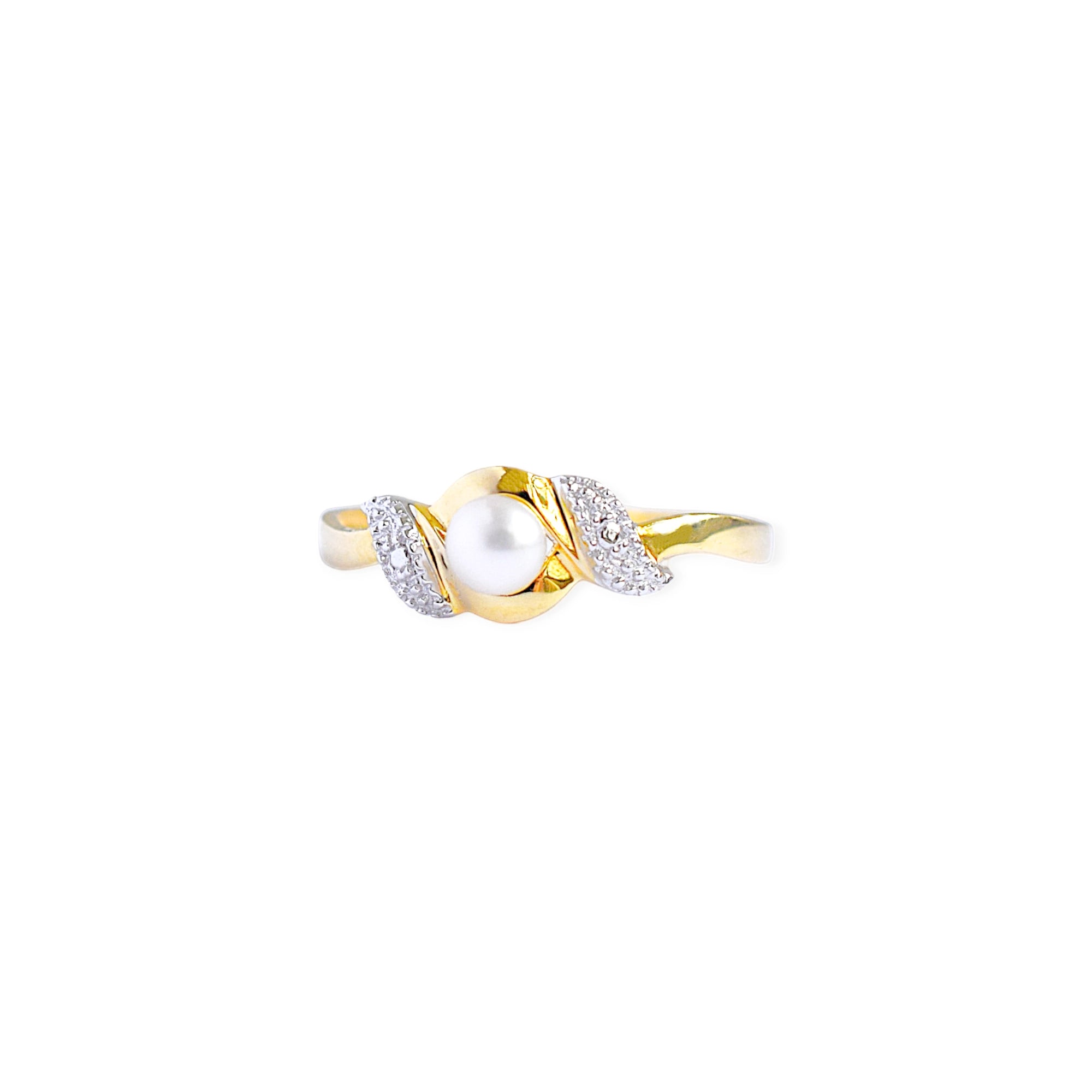 An elegant 18k gold bypass ring featuring a luminous central pearl, with sparkling textured details on each side.