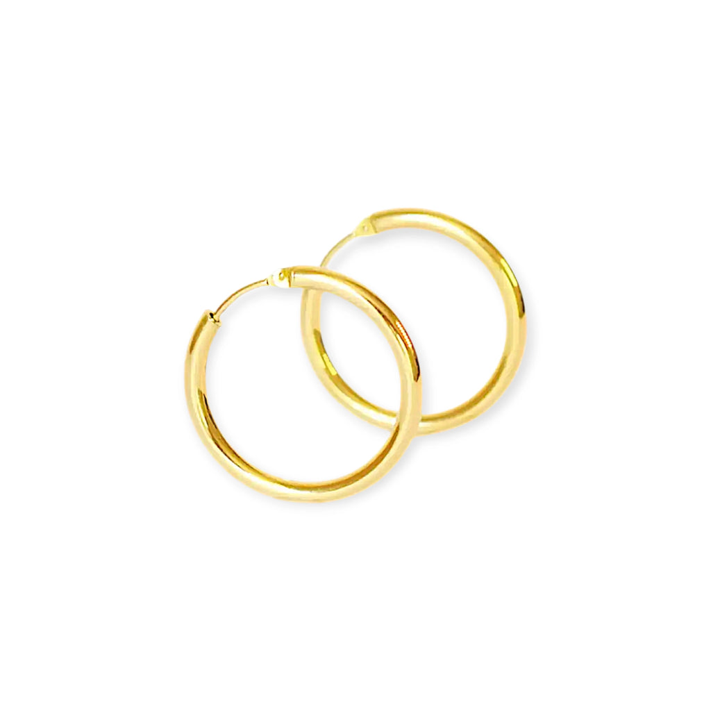 Classic 18 Karat Yellow Gold Hoop Earrings with a smooth, polished finish.