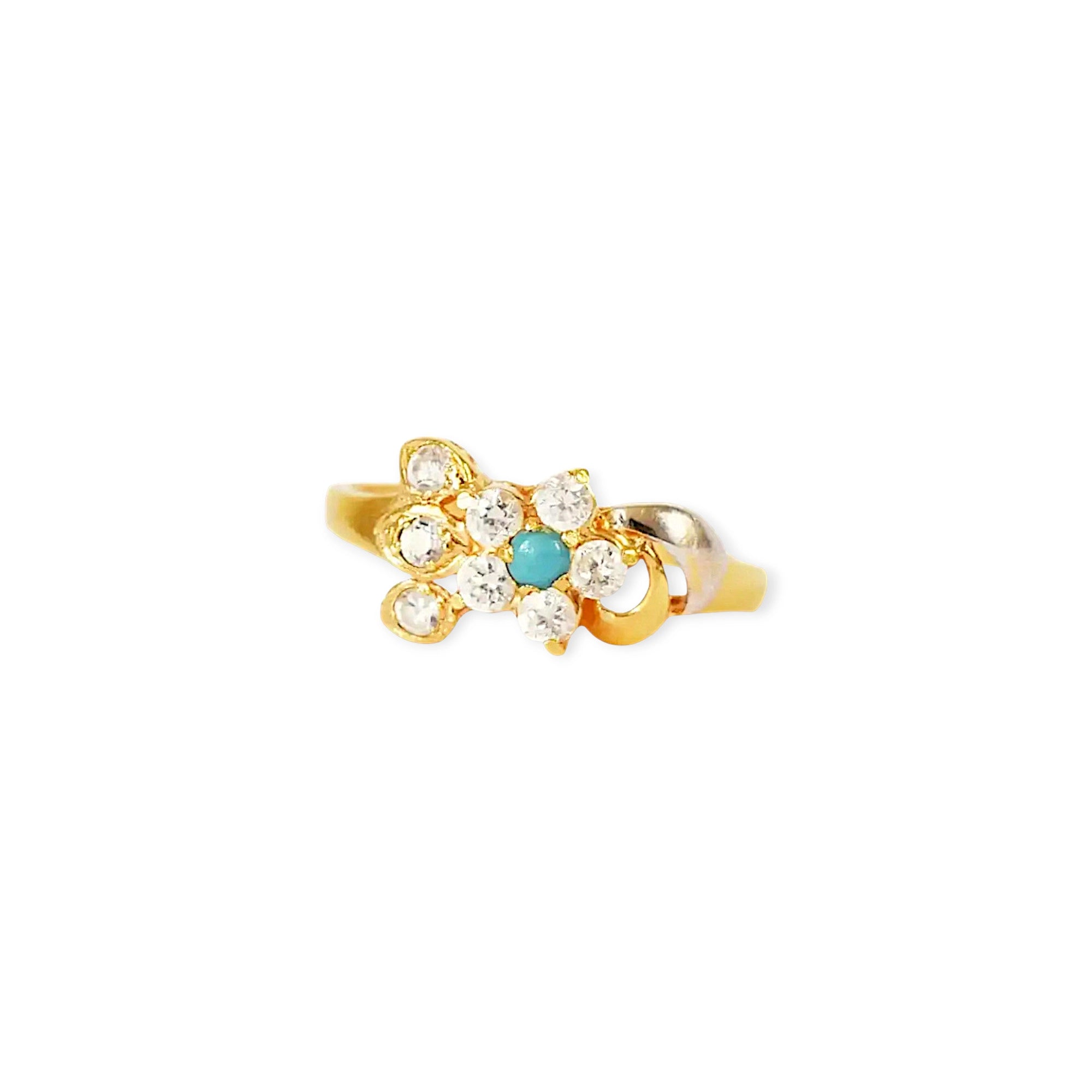 A close-up of a 21k gold ring with a flower-shaped setting, featuring a small round turquoise stone at the center surrounded by clear, brilliant zirconia stones, on a white background.