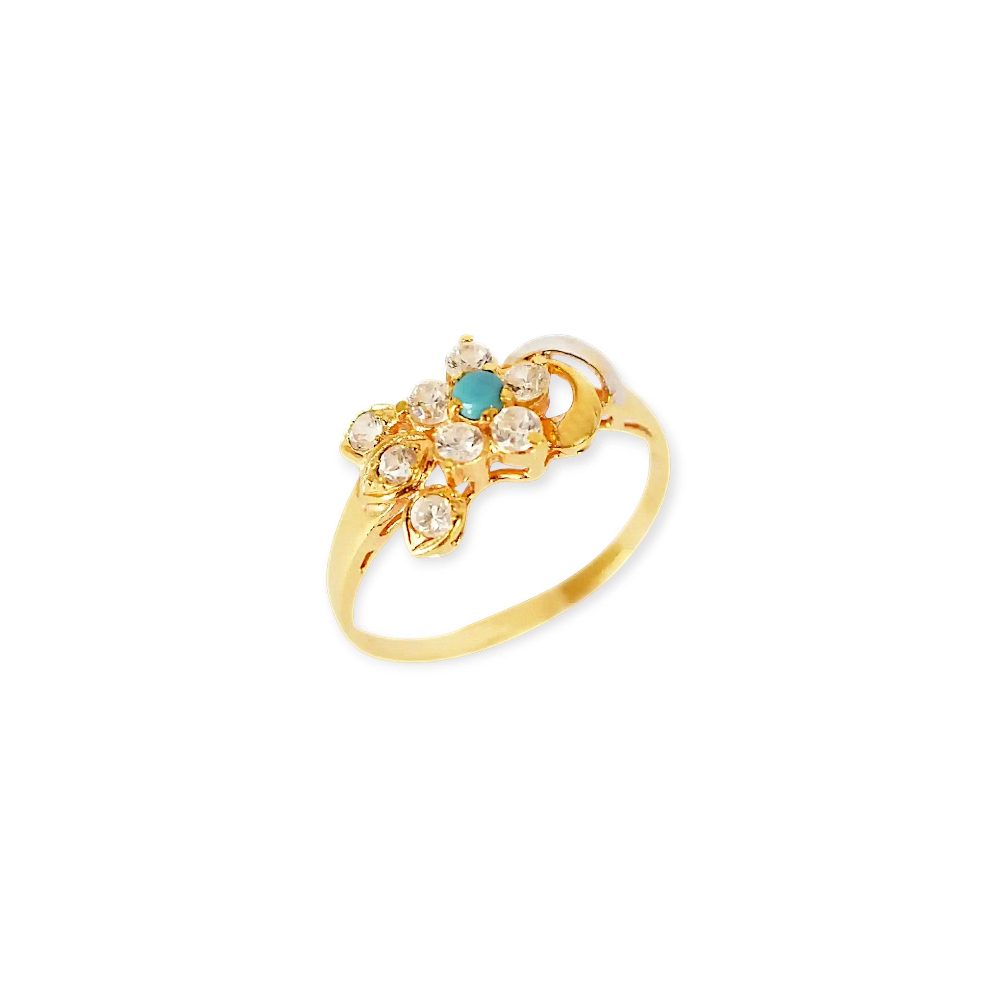 A close-up of a 21k gold ring with a flower-shaped setting, featuring a small round turquoise stone at the center surrounded by clear, brilliant zirconia stones, on a white background.