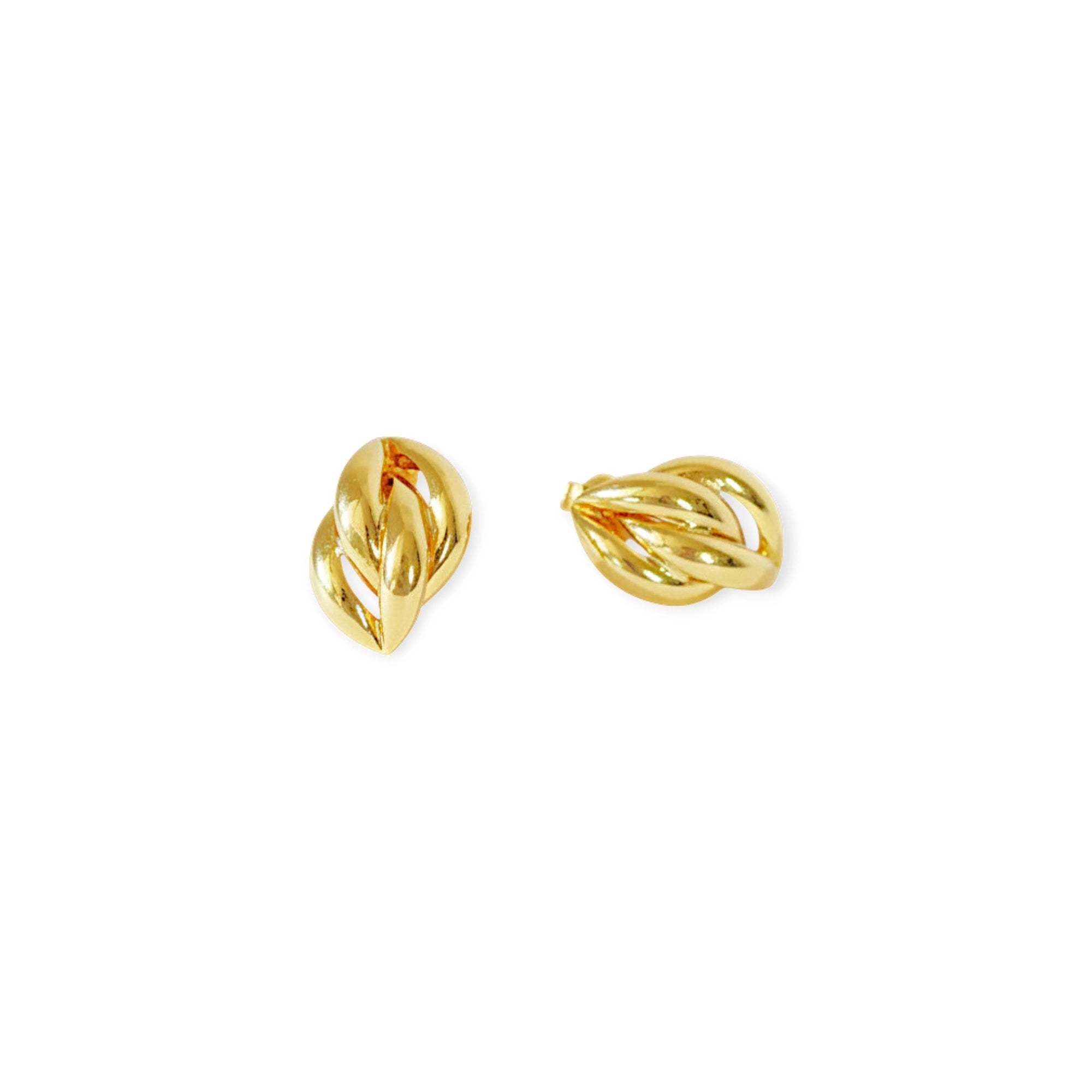 Elegant 14 Karat Yellow Gold post earrings with a highly polished, curved leaf-like design.