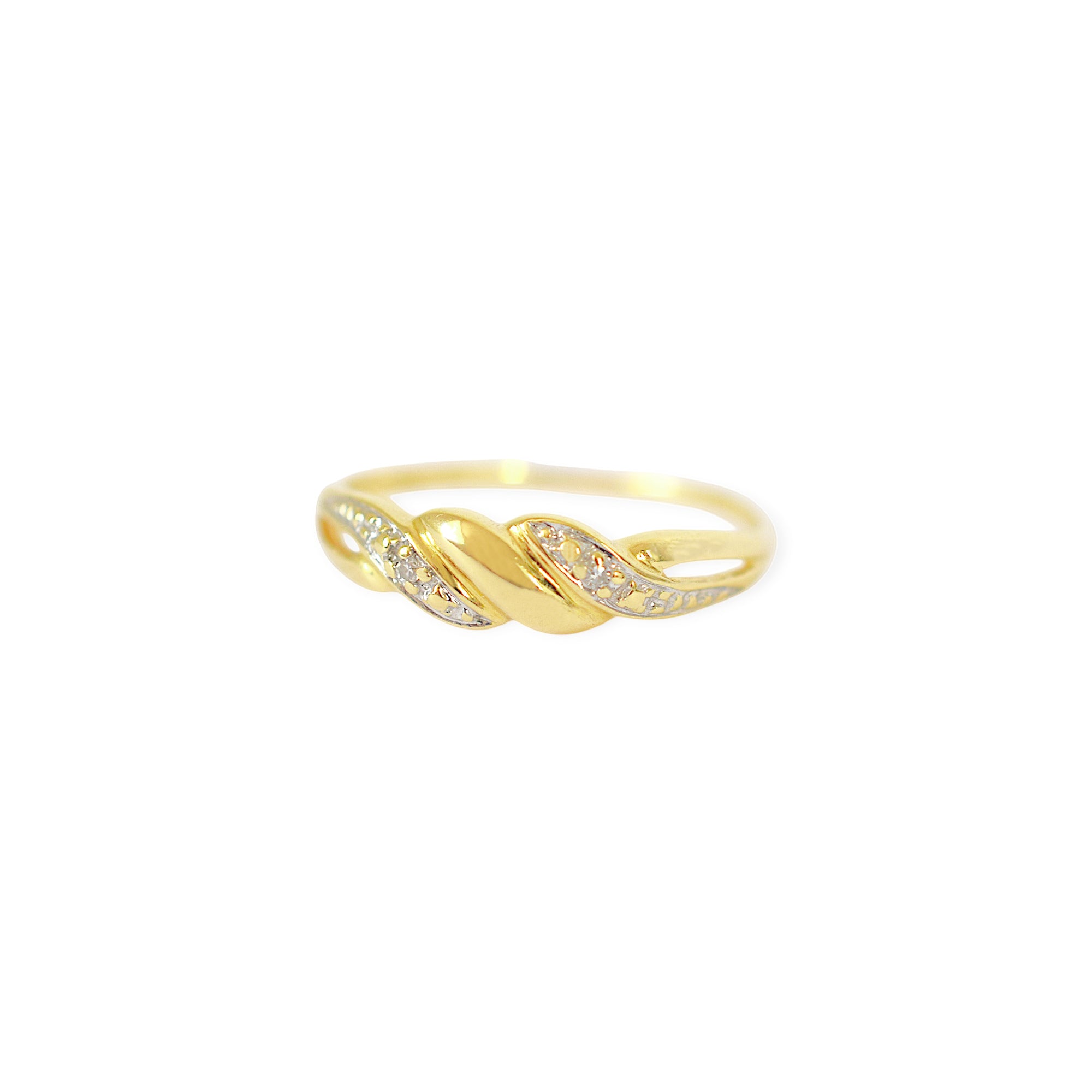 Elegant 18 Karat Two-Tone Gold Ring with an intertwined bypass design, featuring sparkling diamond accents set into the white gold section.