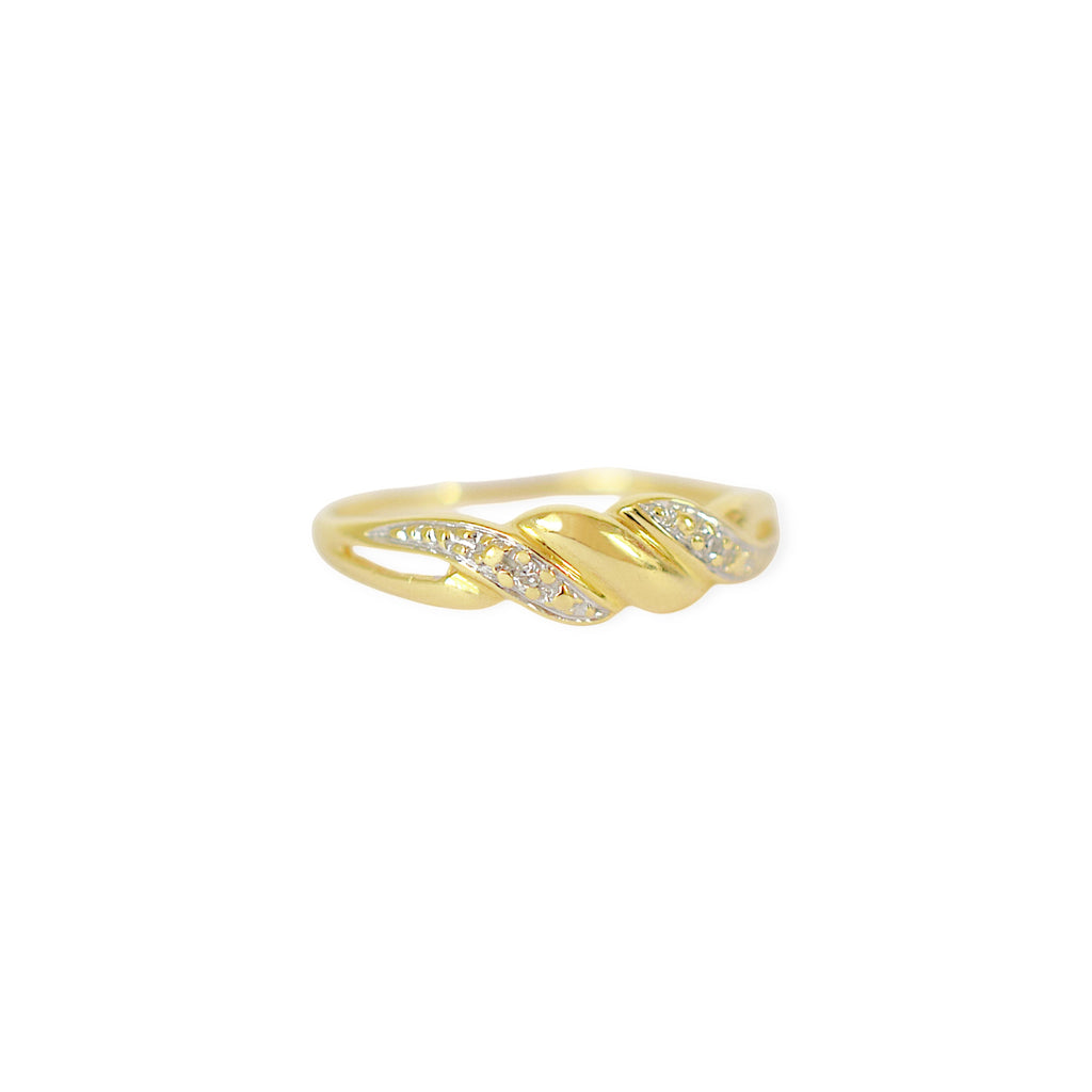 Elegant 18 Karat Two-Tone Gold Ring with an intertwined bypass design, featuring sparkling diamond accents set into the white gold section.