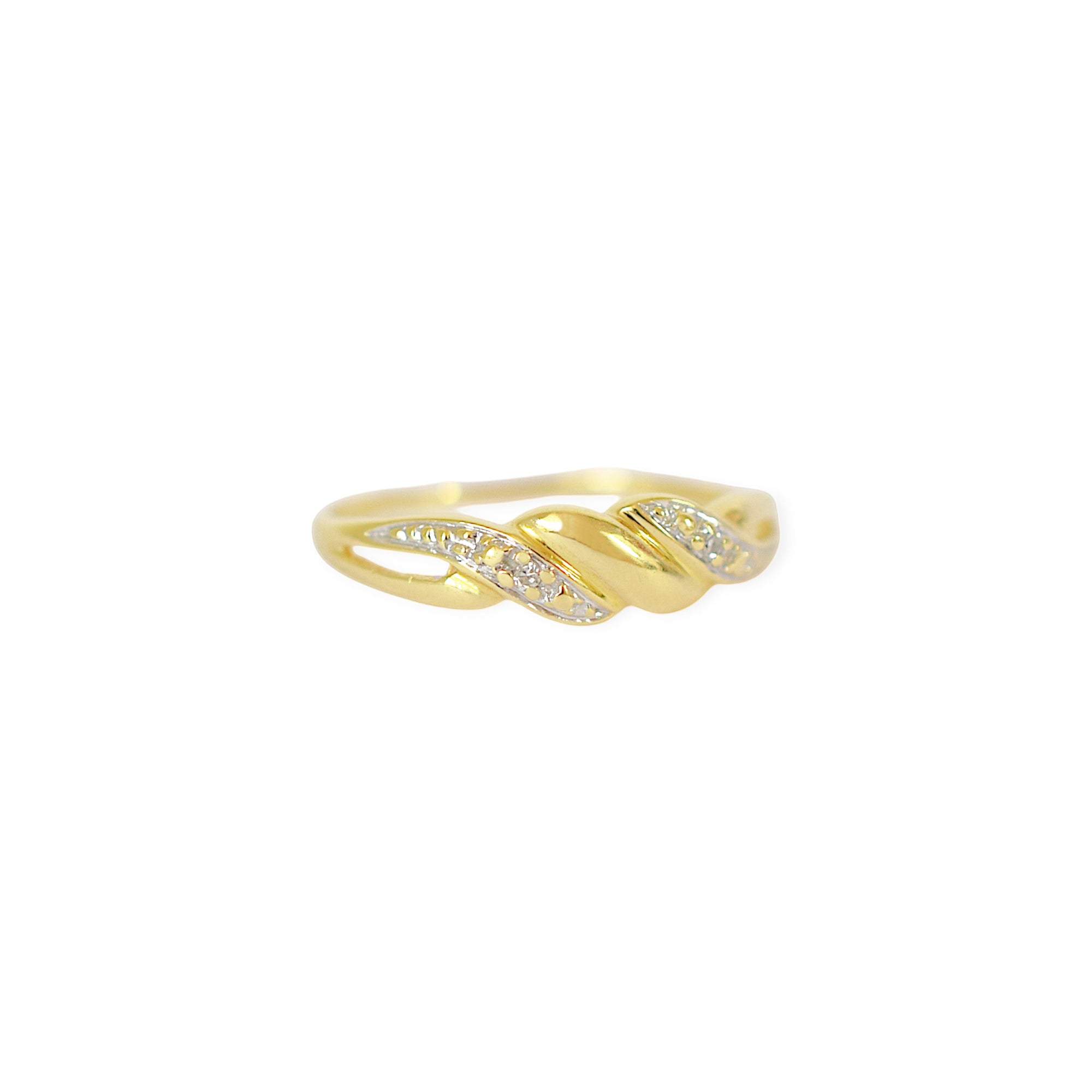 Elegant 18 Karat Two-Tone Gold Ring with an intertwined bypass design, featuring sparkling diamond accents set into the white gold section.