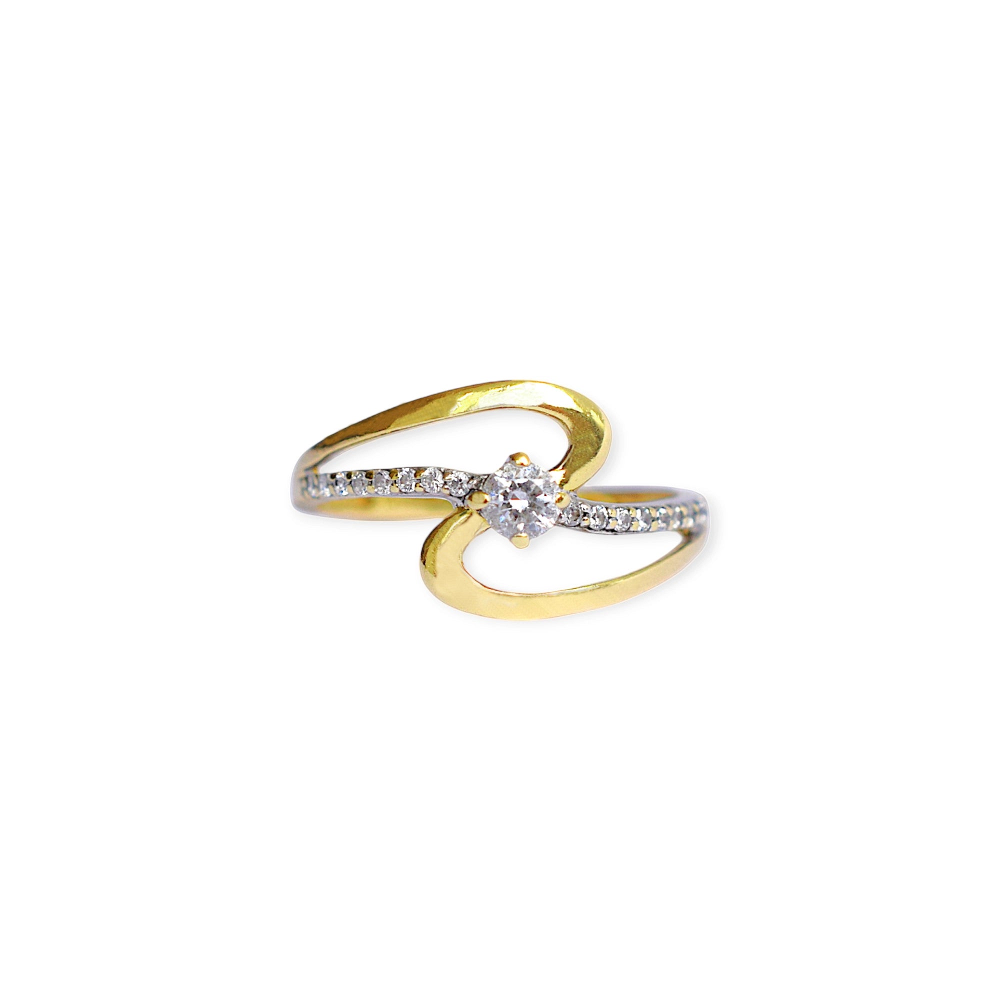 Elegant 18 Karat Yellow Gold Ring with a swirling design, featuring a Marquise Cubic Zirconia as the center stone and side accents of small zirconia stones.