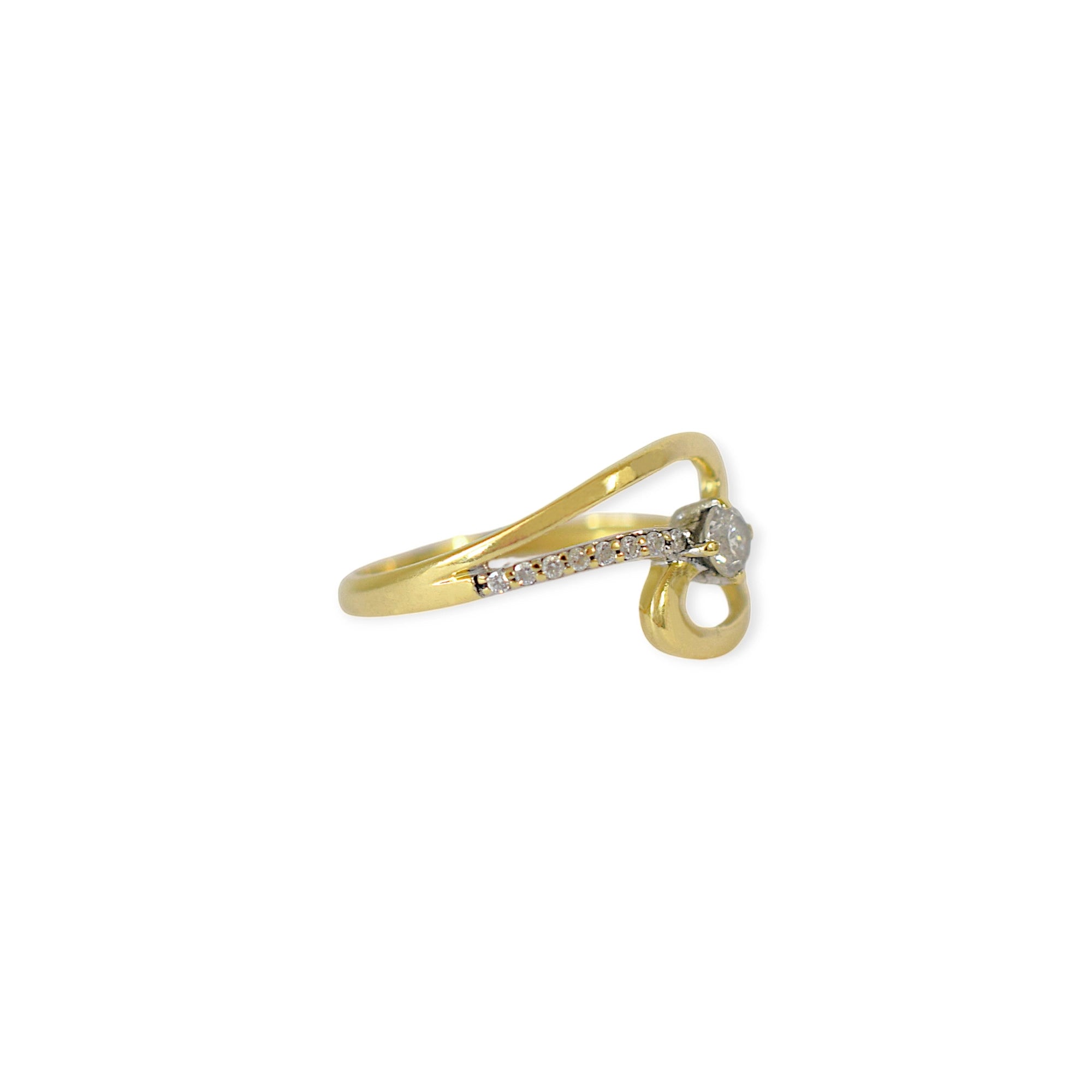 Elegant 18 Karat Yellow Gold Ring with a swirling design, featuring a Marquise Cubic Zirconia as the center stone and side accents of small zirconia stones.