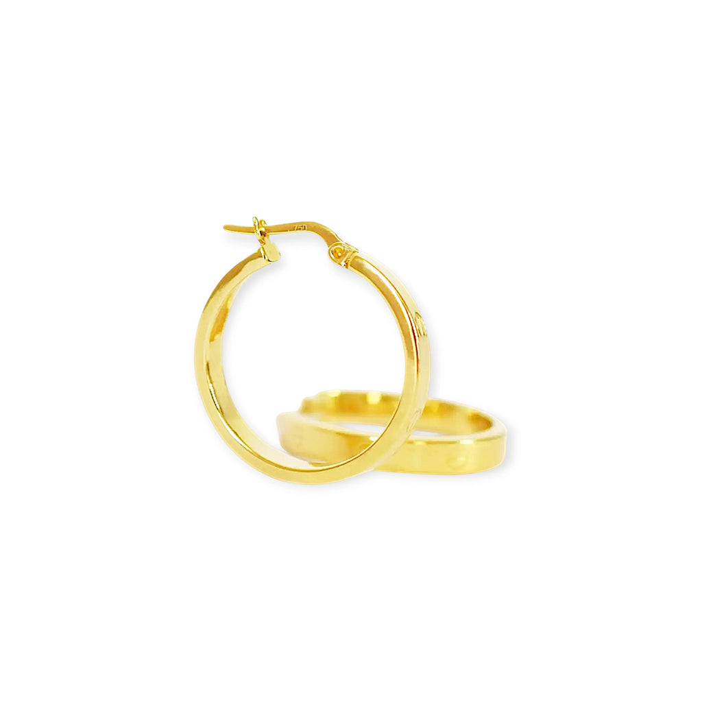 Elegant 18 Karat Yellow Gold flat hoop earrings with prominent screw-head details.