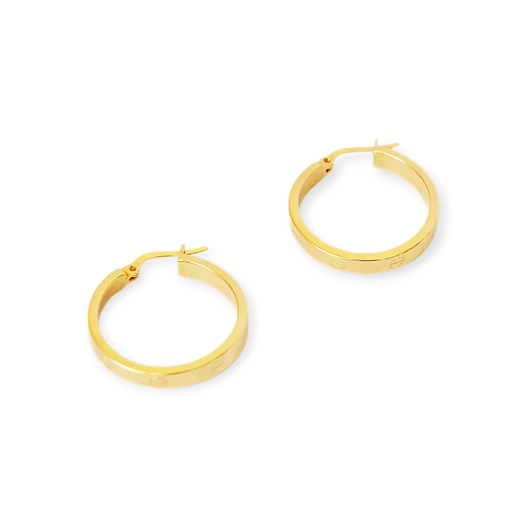 Elegant 18 Karat Yellow Gold flat hoop earrings with prominent screw-head details.