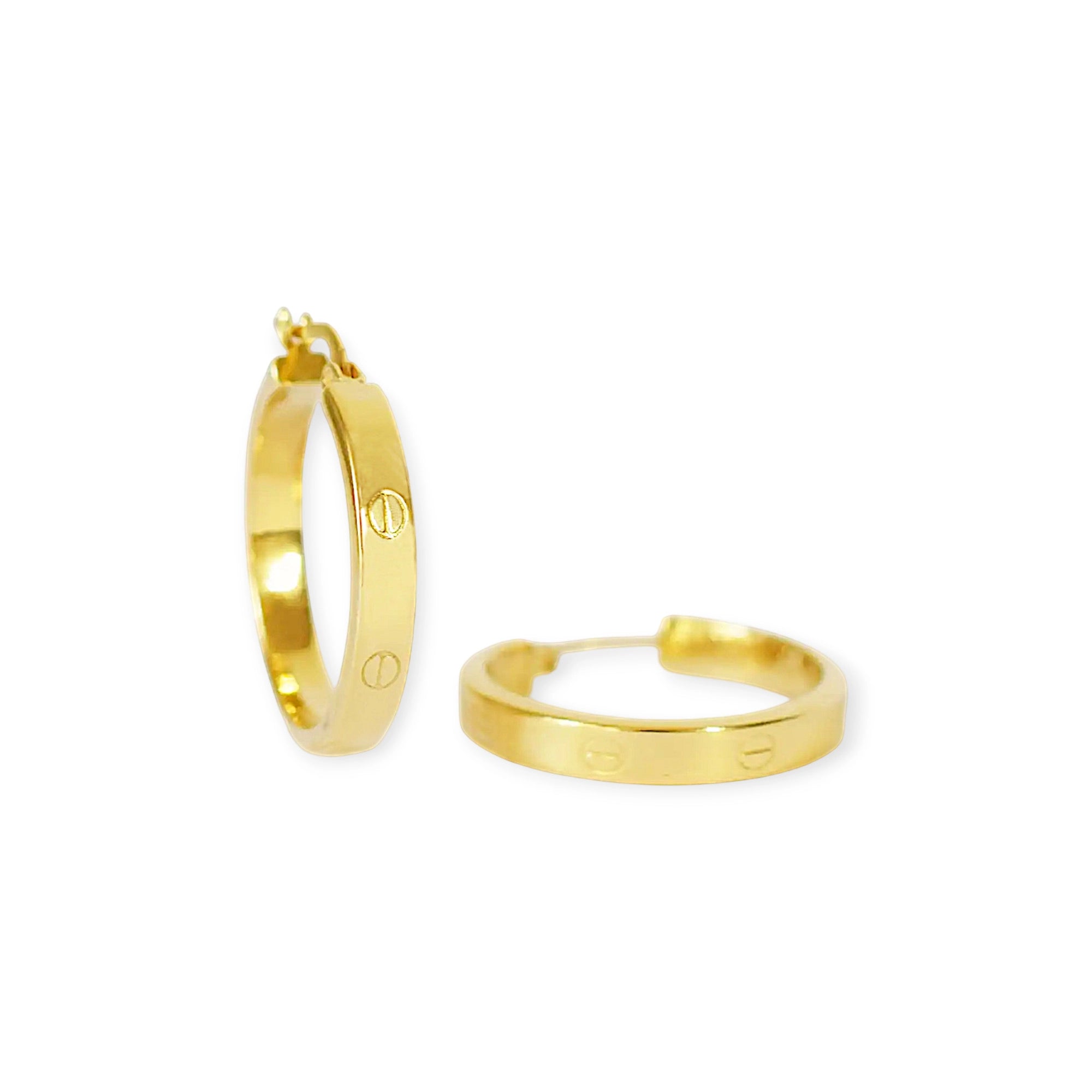 Elegant 18 Karat Yellow Gold flat hoop earrings with prominent screw-head details.