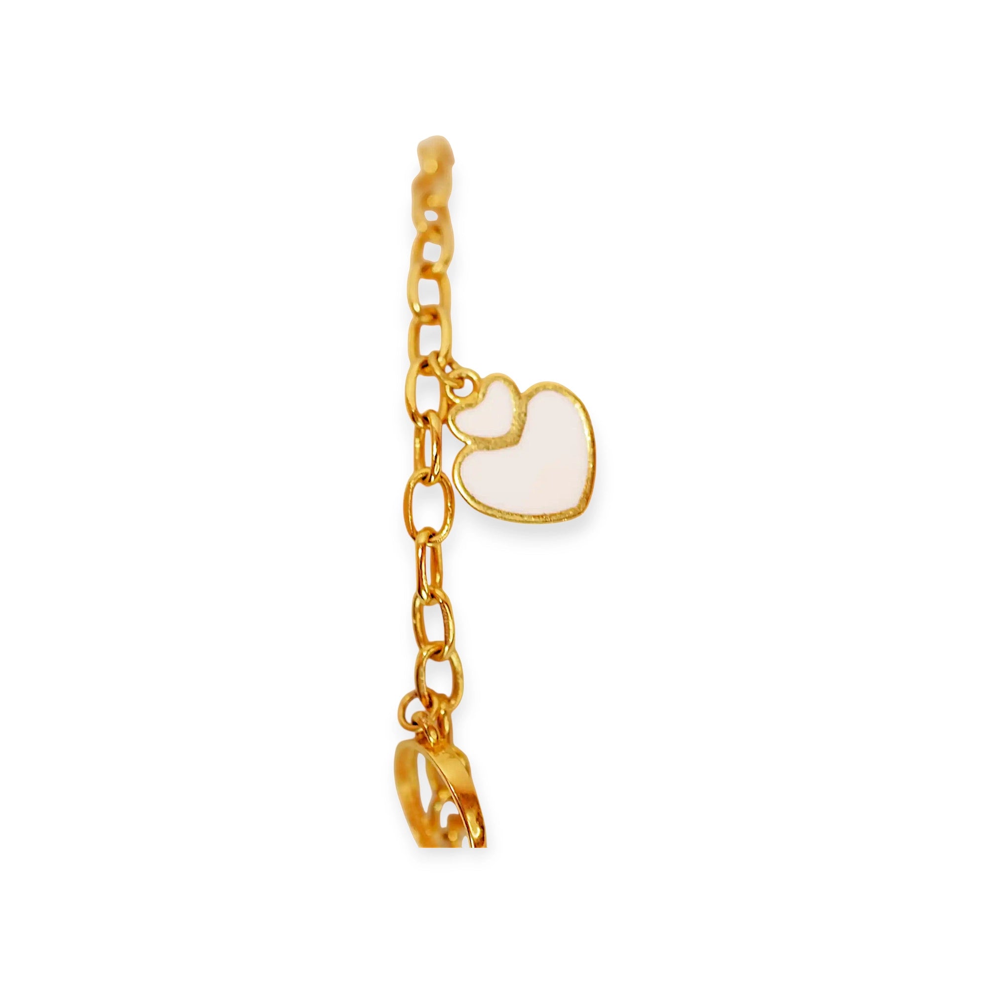 Elegant 21 Karat Yellow Gold double-chain charm bracelet, adorned with four diverse symbolic charms including a white lotus flower, a blue evil eye, and a miniature solitaire ring.