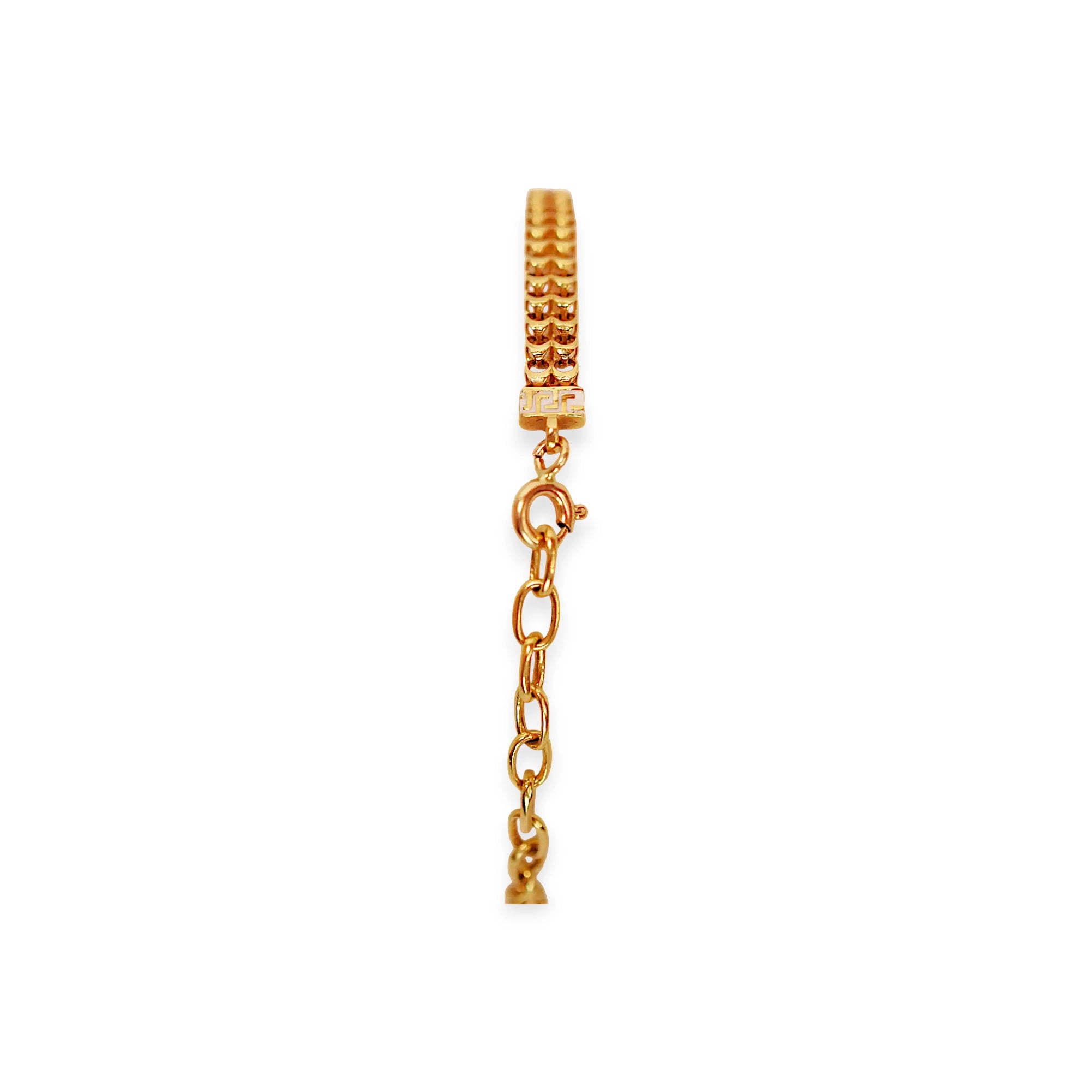 Elegant 21 Karat Yellow Gold double-chain charm bracelet, adorned with four diverse symbolic charms including a white lotus flower, a blue evil eye, and a miniature solitaire ring.