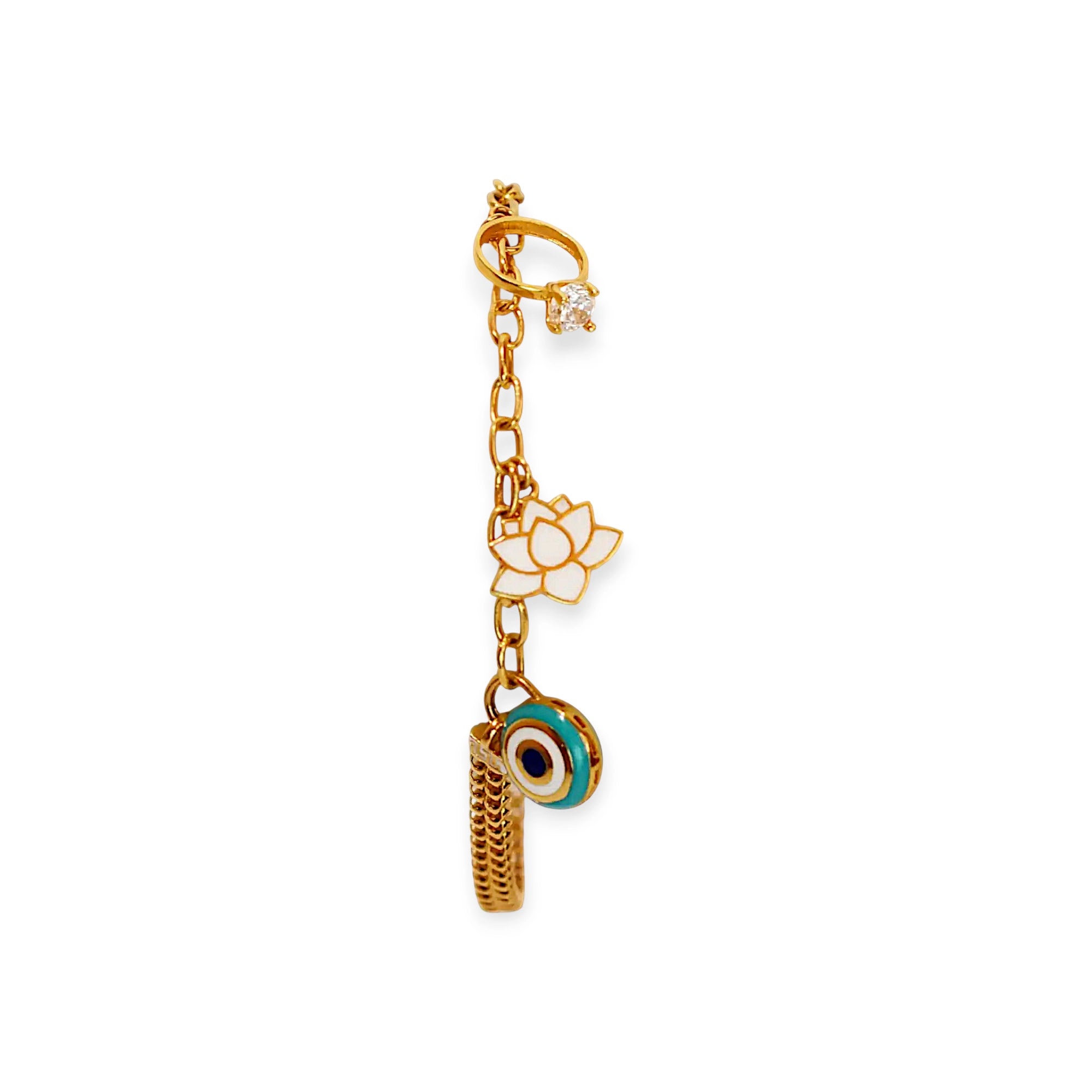 Elegant 21 Karat Yellow Gold double-chain charm bracelet, adorned with four diverse symbolic charms including a white lotus flower, a blue evil eye, and a miniature solitaire ring.