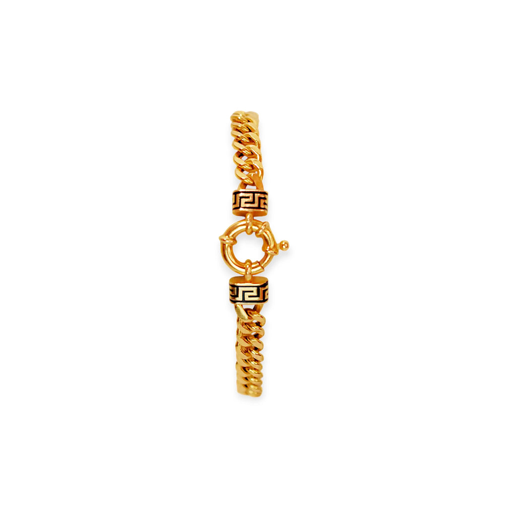 Elegant 21 Karat Yellow Gold flat curb chain bracelet, featuring an ornate clasp with two black-enameled ornamental elements in a classic Greek key pattern.