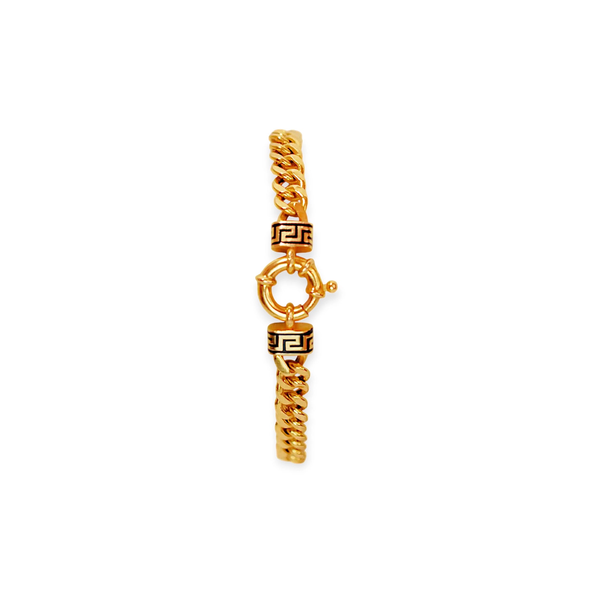 Elegant 21 Karat Yellow Gold flat curb chain bracelet, featuring an ornate clasp with two black-enameled ornamental elements in a classic Greek key pattern.