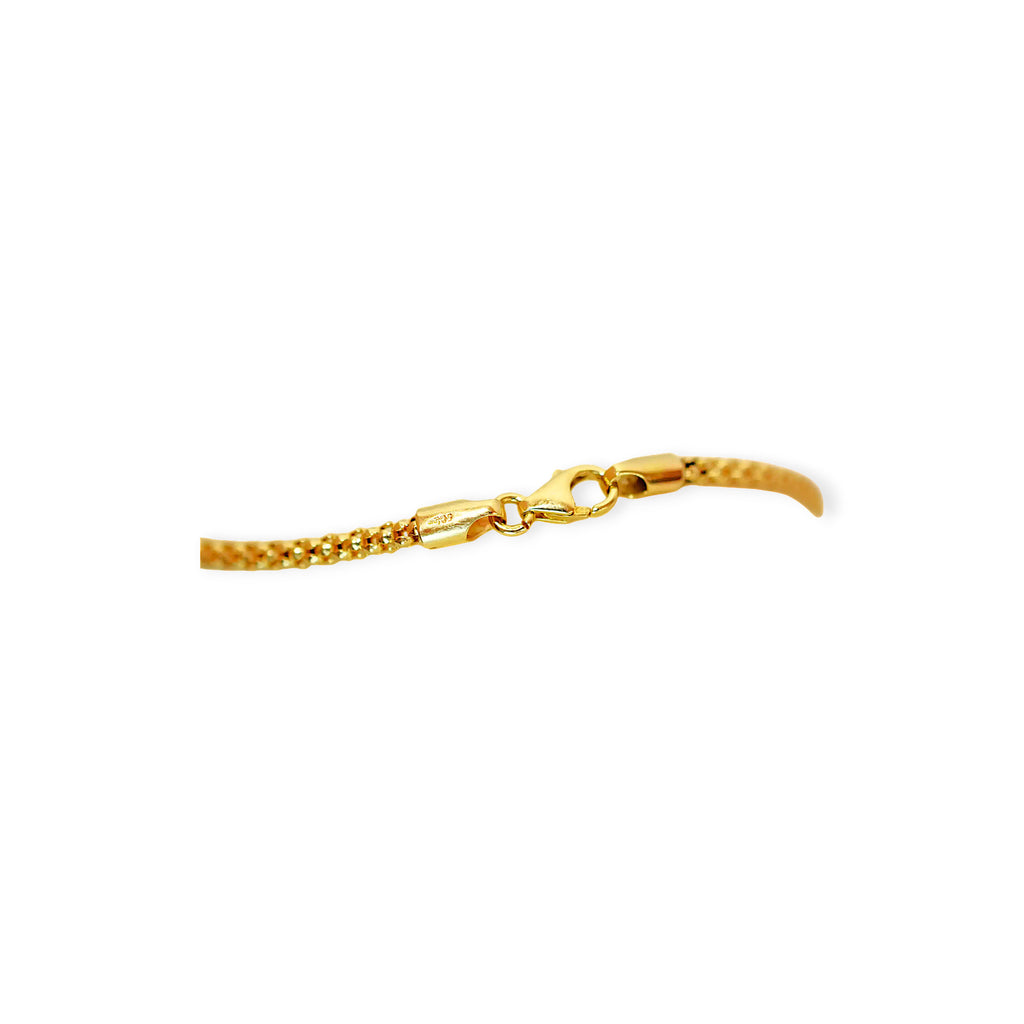 Lustrous 14 Karat Yellow Gold popcorn chain bracelet with an intricate, shimmering texture on a white background.