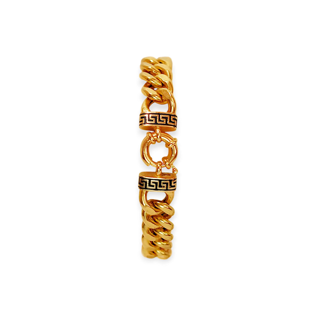 Luxurious 21 Karat Yellow Gold bold flat curb chain bracelet, featuring an ornate clasp with black-enameled ornamental elements in a classic Greek key pattern.