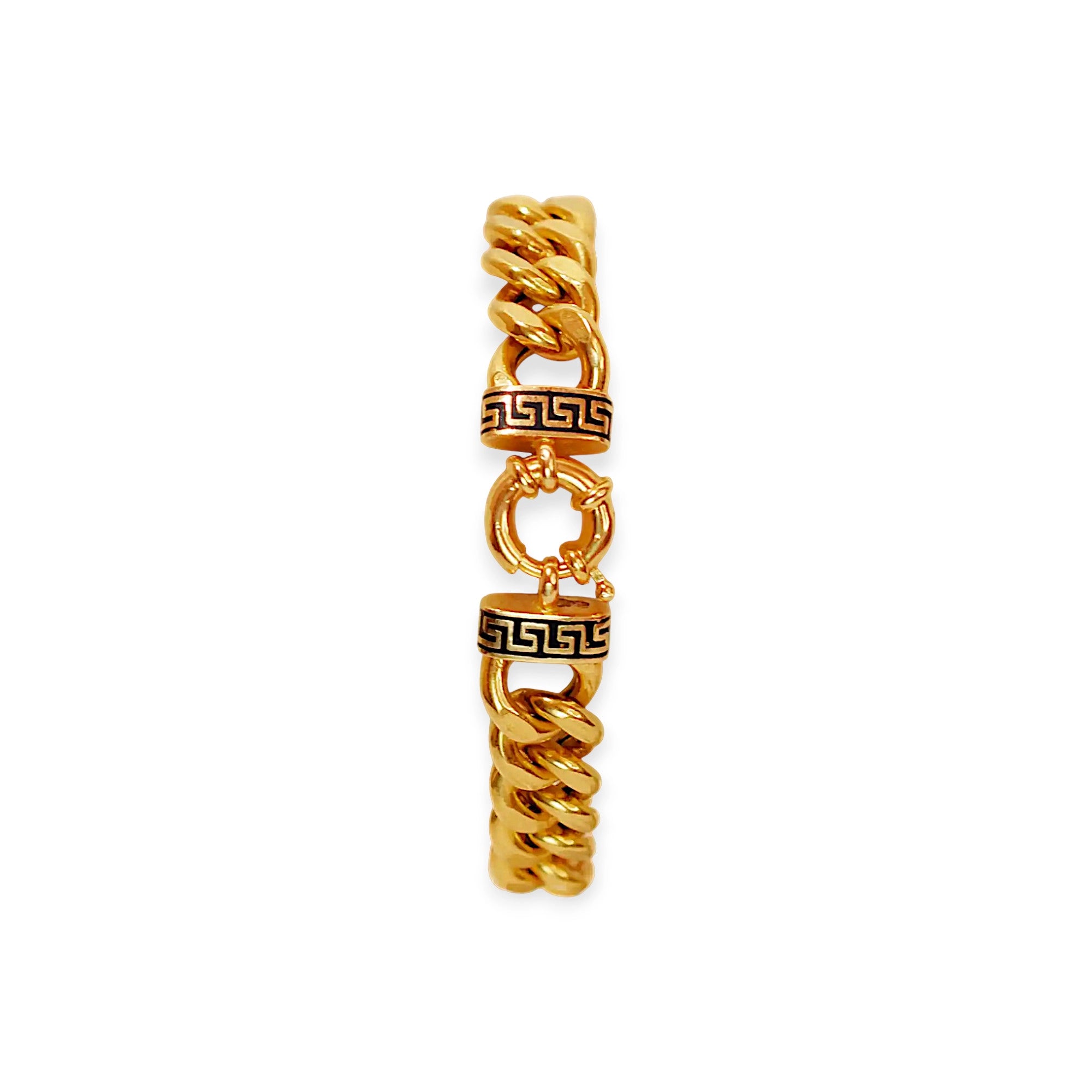 Luxurious 21 Karat Yellow Gold bold flat curb chain bracelet, featuring an ornate clasp with black-enameled ornamental elements in a classic Greek key pattern.
