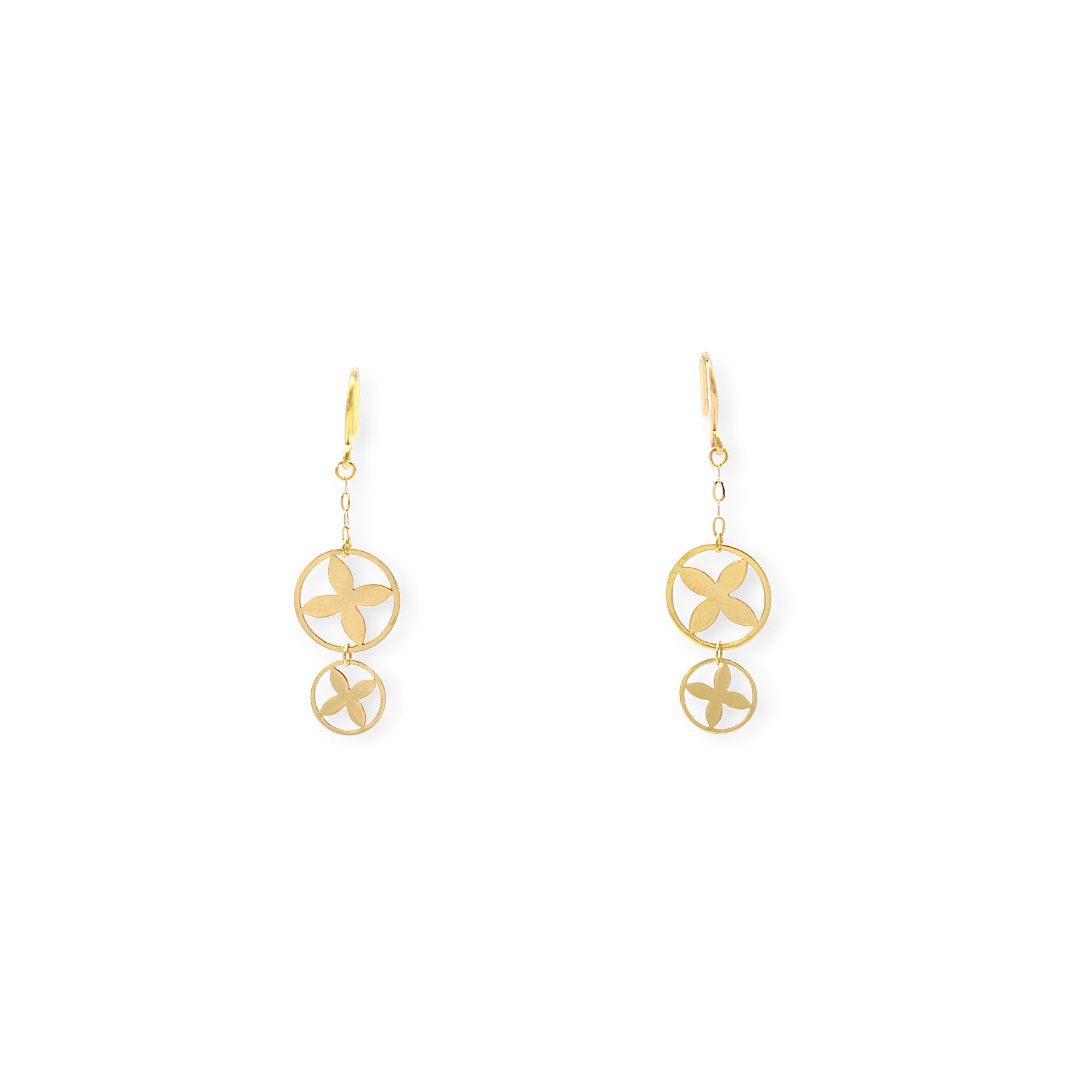 Modern 18K Yellow Gold drop earrings with a stacked double circle design and striking clover cut-out motif.