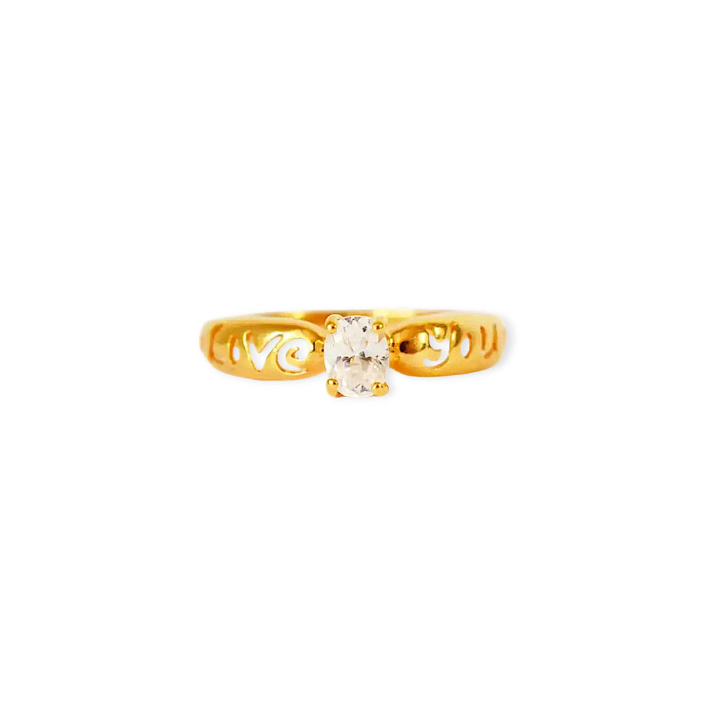 Romantic 21 Karat Yellow Gold ring featuring an oval Cubic Zirconia solitaire, with the words 'Love You' intricately cut out from the wide gold band.
