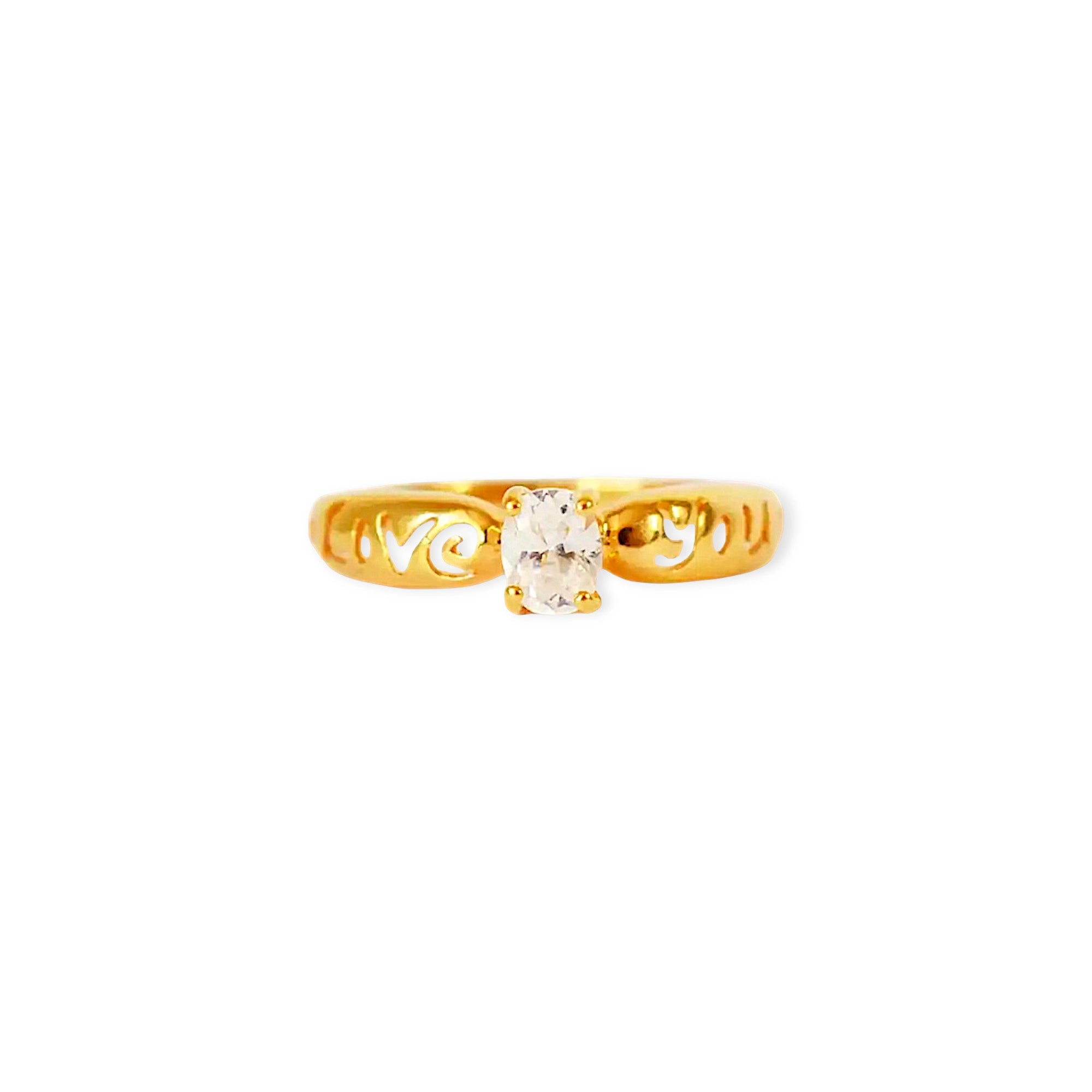 Romantic 21 Karat Yellow Gold ring featuring an oval Cubic Zirconia solitaire, with the words 'Love You' intricately cut out from the wide gold band.