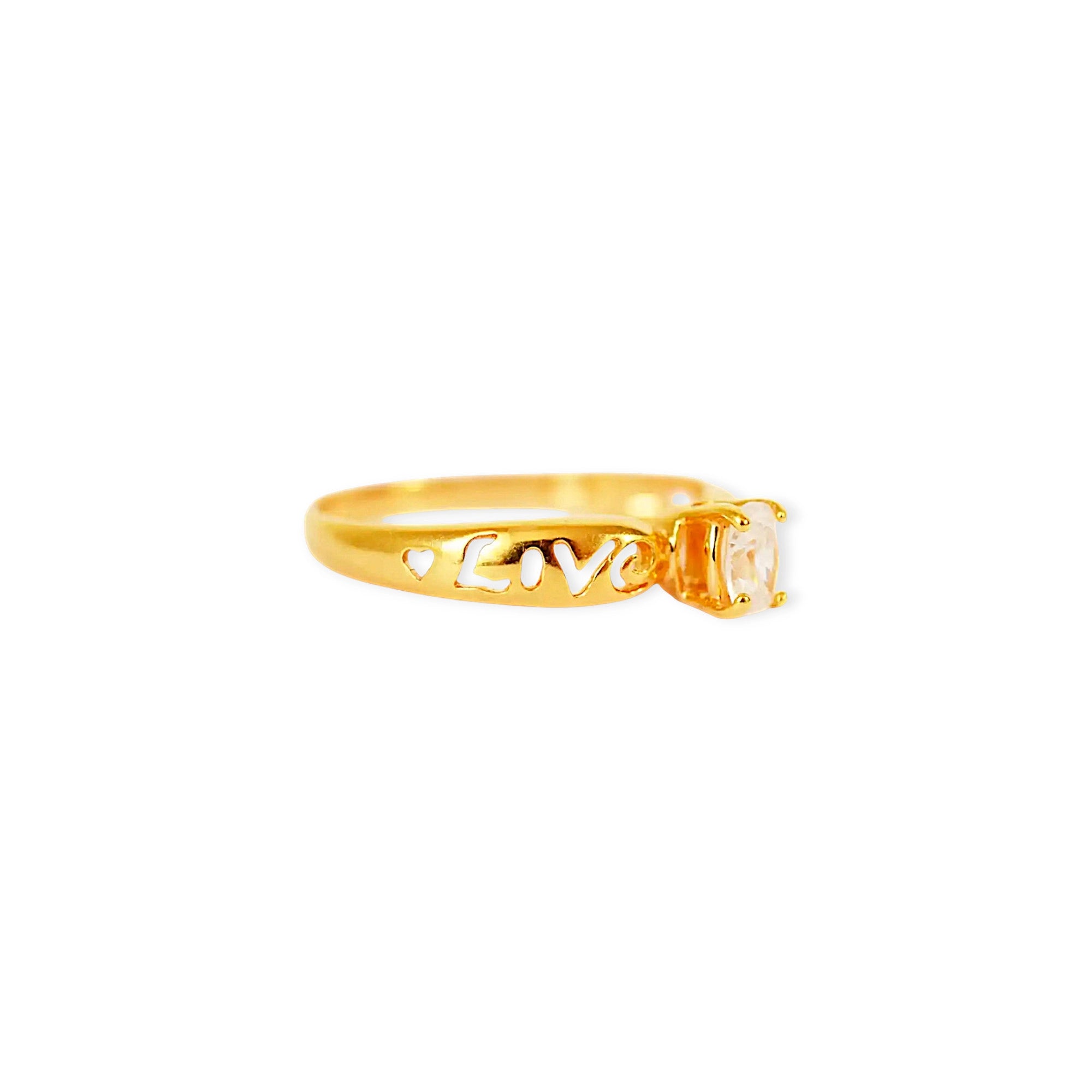 Romantic 21 Karat Yellow Gold ring featuring an oval Cubic Zirconia solitaire, with the words 'Love You' intricately cut out from the wide gold band.
