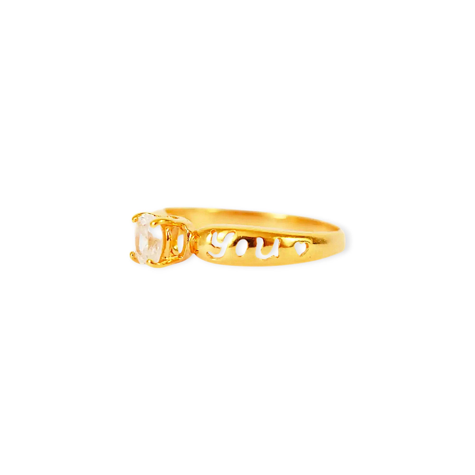 Romantic 21 Karat Yellow Gold ring featuring an oval Cubic Zirconia solitaire, with the words 'Love You' intricately cut out from the wide gold band.