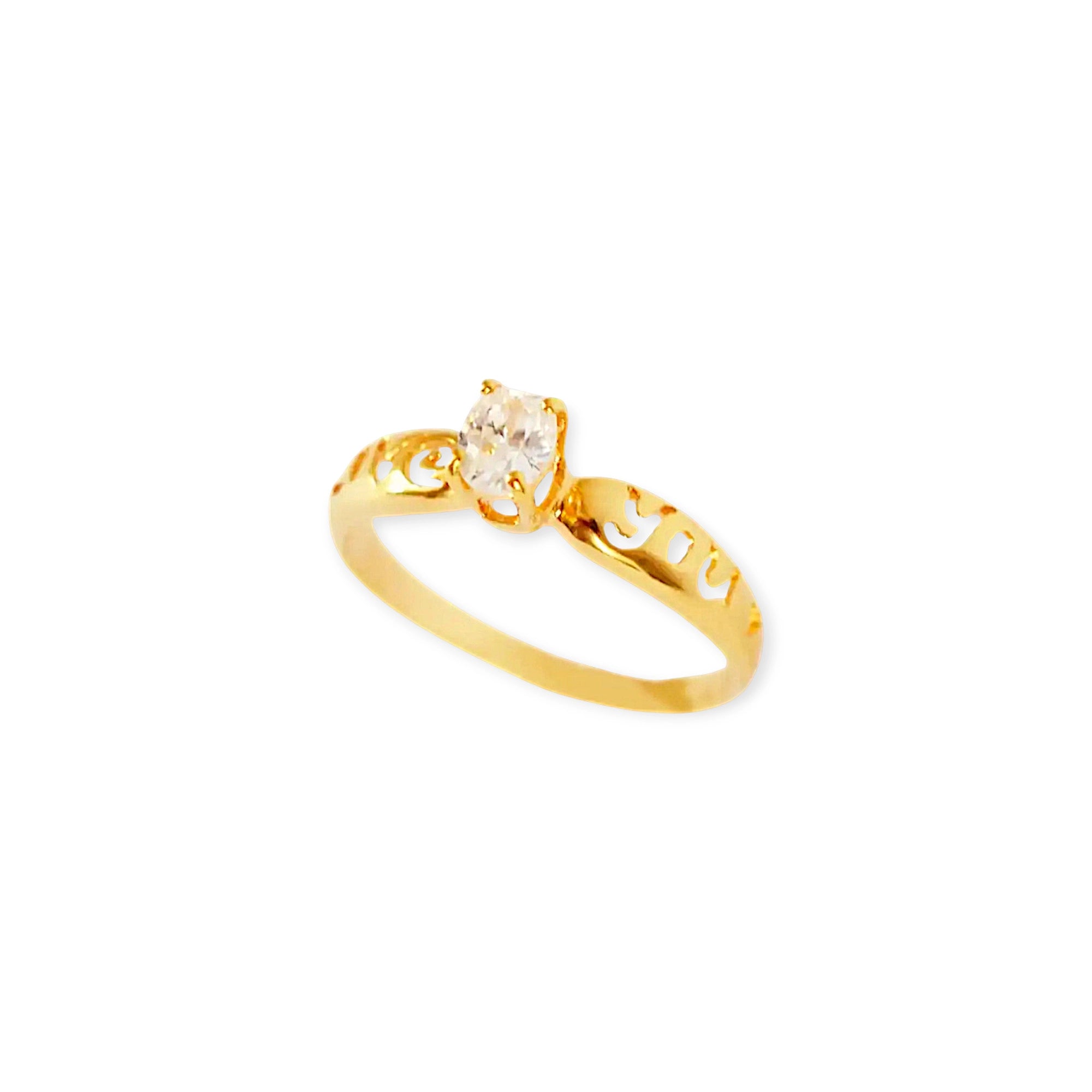 Romantic 21 Karat Yellow Gold ring featuring an oval Cubic Zirconia solitaire, with the words 'Love You' intricately cut out from the wide gold band.